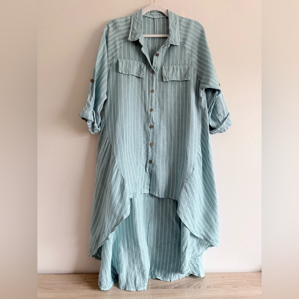Meo Meli Light Blue Striped 100%  Linen Hi Low Button Down Dress OS